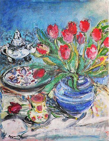 Peinture à l'huile Le vase bleu aux tulipes Naoko Paganotti