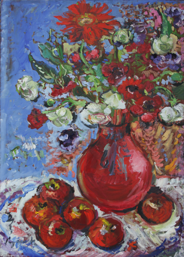  Peinture à l'huile Pommes et vase rouge Naoko Paganotti 