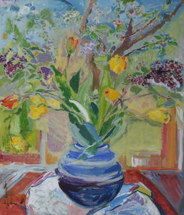 tulipes-jaune-sur-vase-bleu Naoko Pagnaotti